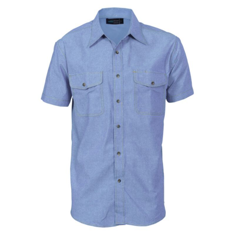 Mens Twin Flap Pocket Cotton Chambray Short Sleeve Shirt Thumbnail